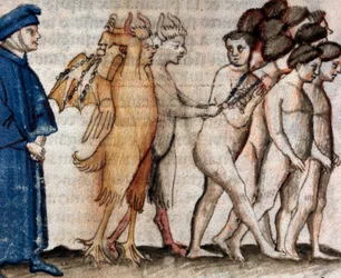 Dante ontmoet Venedico Caccianemico in de kring van de pooiers (zang 18 uit de Hel, in de Goddelijke Komedie) - miniatuur uit de 15e eeuw