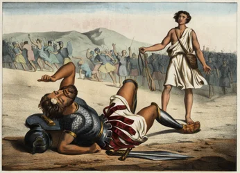 David winnaar van Goliath. Anonieme gravure uit het midden van de 19e eeuw.