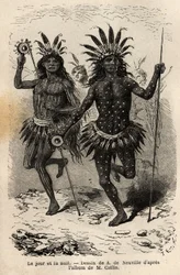 Dag en nacht, schilderijen op het lichaam van de dansers van de religieuze ceremonie en boetedoening, uitgevoerd door de stamhoofden en zijn metgezellen, onder de Mandans Indianen (of noumah ka kie: fazanten), op de linkeroever van Missouri. Gravure ter i