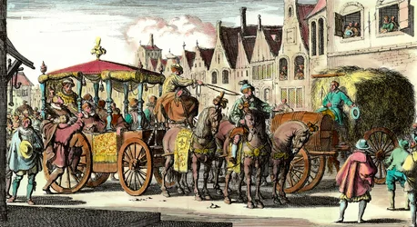 Dood van Hendrik IV: Moord op Hendrik IV (1553 - 1610) op 14 mei 1610 door François Ravaillac (1578 - 1610). Gravure uit de 17e eeuw. Privécollectie.