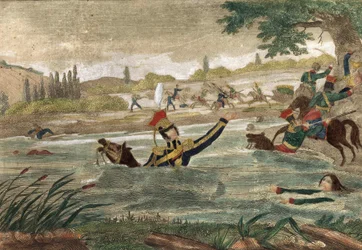 Dood van Prins Joseph Antoni Poniatowski (geboren 1763) bij de oversteek van de Elster in 1813, gravure van die tijd