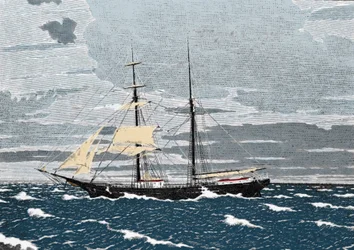 December 1872, Mary Celeste wordt verlaten gevonden midden in de Atlantische Oceaan, bij de Azoren. De kapitein, zijn vrouw en hun tweejarige dochter, evenals de acht bemanningsleden, verdwenen. Gravure 19e eeuw.