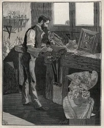 Decoratie van zilverwerk: bronsgraveur. Gravure uit 1885 in 