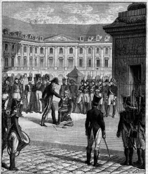 Degradatie van generaal Bonnaire, voormalig soldaat van het keizerrijk, veroordeeld voor de accidentele dood van de stafchef van Lodewijk XVIII op 8 juni 1816 aan de voet van de Vendôme-zuil (Place Vendôme) in Parijs.