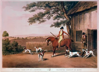 Vertrokken voor de jacht in de vroege ochtend van een jager en zijn honden in Engeland. Gravure van de 19e eeuw. Gien, jachtmuseum