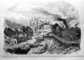 Vernietiging van Pointe-à-Pitre (Guadeloupe) door een aardbeving op 08/02/1843. Gravure 1843.