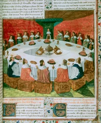 (detail) Koning Arthur en de Ridders van de Ronde Tafel bij de verschijning van de Heilige Graal. Illustratie van een manuscript van de 