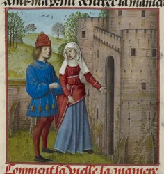 (detail) van een miniatuur van de Minnaar en la Vieille (de Duenna), uit 