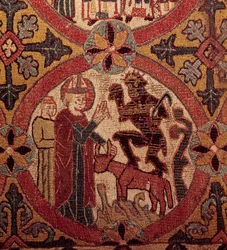 Detail van een borduurwerk dat de verzoeking van de heilige Martinus voorstelt. IJslands wandtapijt. 1390-1403. Parijs, Nationaal Museum van de Middeleeuwen, Thermes de Cluny