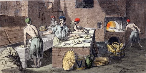 Verschillende activiteiten van bakkers: het kneden van brooddeeg, de voorbereiding van broden, het bakken. Gravure uit de 19e eeuw