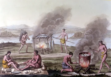 Eet- en kookscène onder de Florida-indianen. Gravure uit de 17e eeuw.