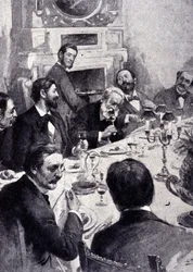 Dineren aan tafel met Victor Hugo en Jean Mounet Sully (Mounet-Sully) (1841 - 1916), Franse acteur. Gravure uit de 19e eeuw.