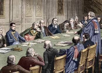 Bespreking van het Burgerlijk Wetboek bij de Raad van State (1800-1804), onder voorzitterschap van de eerste consul, Napoleon Bonaparte heeft zijn linker Jean Jacques Regis de Cambaceres