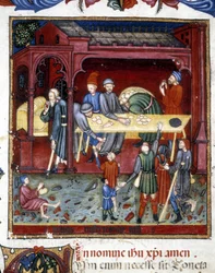 Verdeling van brood en schoenen aan oud en arm. 1422.