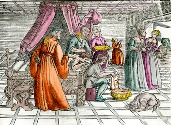 Arts: „Een trepanatie”. Een chirurg opereert de schedel van zijn patiënt. Gravure uit de 16e eeuw. Privécollectie
