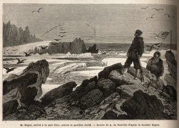 Dr. Hayes, arriveert bij de vrije zee van de Noordpool, het doel van zijn expeditie, plant de Amerikaanse stervlag. Gravure ter illustratie van de reis naar de vrije zee van de Noordpool, door dokter Hayes, chirurg van de Amerikaanse marine, in 1860-1862