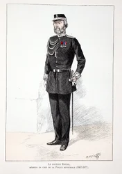 Dr. Roudil, hoofdarts van de gemeentepolitie (1867-1877). Kleurgravure, ter illustratie van het boek Histoire du corps des gardiens de la paix, gepubliceerd onder auspiciën van Louis Lepine (1846-1933) prefect van politie van de Seine, door Alfred Rey (186