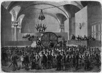 Loting voor obligaties die moeten worden terugbetaald behorend tot de twee leningen aangegaan door de stad Parijs in 1855 en 1866. Hotel de Ville de Paris, 2 februari.