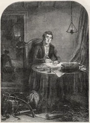 Hertog van Wellington (Arthur Wellesley (1769-1852)) schrijft een bericht na Waterloo, 19 juni 1815 - gravure 1852