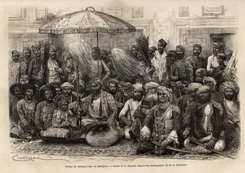 Durbar (feodale en juridische raad van een prinselijke staat) van Maharaja Rana, van het koninkrijk Dholepore (Rajasthan). Gravure ter illustratie van 