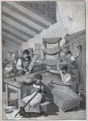 Ebenisterie: stempelverniswerkplaats. Gravure uit 1885 in 
