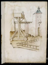 Verhogingssysteem en schalen - Manuscript: perkamentblad van een ingenieurshandboek voor de bouw van civiele, religieuze en militaire gebouwen, anoniem, eind 15e eeuw (figuur in Chinese inkt)