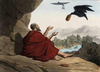 Elia, verborgen bij de beek van Kerith, wordt gevoed door de raven. Anonieme gravure uit het midden van de 19e eeuw.