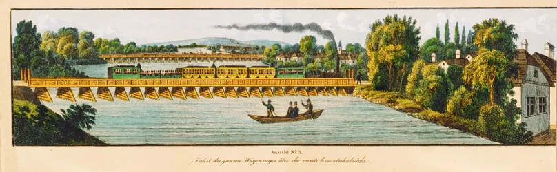 Keizer Ferdinand Spoorweg: De trein passeert de tweede spoorbrug (kleurenlitho)