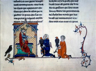 Keizer Frederik II (1194-1250) ontvangt miniatuur valkeniers uit De arte venandi Cum avibus