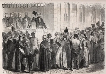 Keizer Napoleon III op het terras van de villa van Strauss in Vichy, begroet door de mensen van het platteland op zondag 7 juli 1861 - Gravure in 