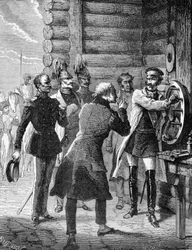 Keizer Nicolaas I voerde de eerste test van de telegraaflijn uit van Sint-Petersburg naar Warschau in 1838. Gravure 19e eeuw