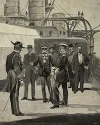 Keizer Wilhelm II van Duitsland (1859-1941) op bezoek bij slagschip Sicilia, Venetië, Italië, tekening door E X uit L