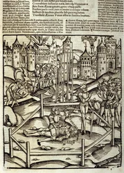 Eneide van Virgil (70 v.Chr.-19 v.Chr.), Boek XII, de Trojaanse held Enee doodt in een Turnus-gevecht onder de ogen van de Latijnen en Rutules. Houtsnede door Sebastian Brant (1458-1521). Straatsburg