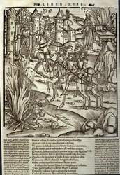 Eneide van Virgil (70 v.Chr.-19 v.Chr.), boek XIII (supplementum), de Trojaanse held Enee ontvangt de Latijnen, offers worden gebracht ter ere van de oorlogsslachtoffers. Houtsnede door Sebastian Brant (1458-1521). Straatsburg