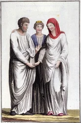 Verloving of huwelijksbelofte: dextrarum iunctio of vereniging van rechterhanden. Gravure uit de 19e eeuw.