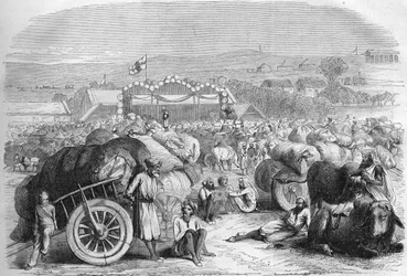 Engels India 1872: De katoenmarkt van Khangaon.