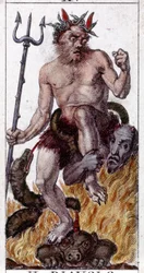 Gravure op een kaart van een 19e-eeuws tarotspel