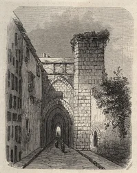 Ingang van de Arabische Medrese (Hogere School) in Jeruzalem waar de Mesha-stele van de tempel was begraven - gravure in 