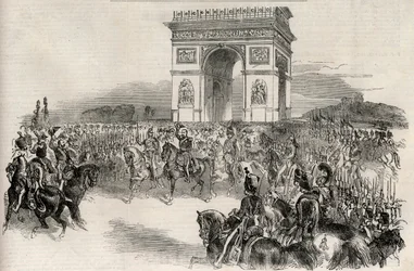 Intocht van Napoleon III in Parijs door de Arc de Triomphe op 2 december 1852 - gravure