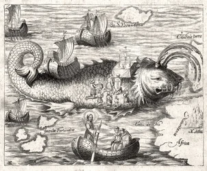 Episode van de Legende van Sint Brandan: een fantastische reis van de Ierse abt uit de 6e eeuw op zoek naar het aardse paradijs. Prent uit 1621.