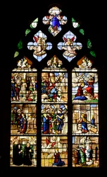 Episodes uit het leven van Sint Barbara, christelijk martelaarschap in de 3e eeuw, glas-in-loodraam met het leven van Sint Barbara