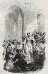 Ermesinde, gravin van Luxemburg - Handvest van portvrijdom verleend door Ermesinde I van Luxemburg aan de inwoners van Luxemburg in 1243 - Gravure uit 1868 in 