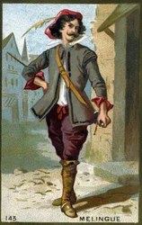 Etienne Marin Mélingue (1808 - 1875), Franse acteur die de rol van Artagnan speelde. Chromolithografie van de 19e eeuw