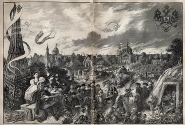 Evocatie van vriendschap tussen Frankrijk en Rusland en de Russische tentoonstelling die in 1892 zal plaatsvinden op de Champ de Mars in Parijs - Gravure in 