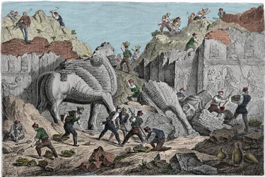 Opgravingen ondernomen door Paul-Emile (Paul Emile) Botta, consul van Frankrijk in Nineveh op de site van Khorsabad (Khunsabad), voormalige Assyrische hoofdstad ten noorden van Mosul. Irak. Gravure uit de 19e eeuw.
