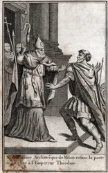 Excommunicatie: de boog van St. Ambrosius van Milaan weigert de kerkdeur aan de Romeinse keizer Theodosius I om hem te straffen voor het bloedbad van Thessaloniki in 390. Gravure in 