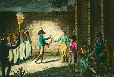Executie van Louis de Bourbon, Hertog van Enghien (1772-1804) op 21 maart 1804 in Vincennes, verdacht zonder bewijs van samenzwering tegen de Eerste Consul Napoleon Bonaparte. Gravure rond 1804. Privécollectie