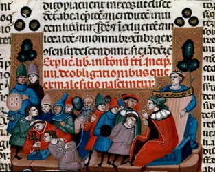 Uitvoering van een miniatuurvonnis uit de Codex Justinianus, een verzameling wetten en instellingen herzien onder de Romeinse keizer Justinianus I van Byzantium (483-565)