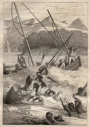 Expeditie rond de wereld (1785-1788) door Jean Francois Galaup de La Perouse (1741-1788): schipbreuk van de boten in de haven van de Fransen (Alaska) - illustratie uit De Grote Zeevaarders van de 18e eeuw
