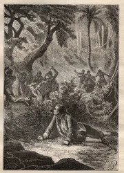 Expeditie door Nicolas Thomas Marion-Dufresne (Marion Dufresne) (1729-1772): de enige overlevende matroos getuigt van het bloedbad van al zijn kameraden, inclusief Marion, door de inboorlingen van Assassins Bay (Matuaro-eiland, Nieuw-Zeeland) - illustratie